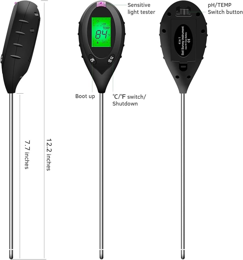SONKIR 4 az 1-ben Digitális Talajmérő - Nedvesség, pH, Hőmérséklet és Fény Teszter Növénygondozáshoz, Kertészkedéshez, Elemmel (Fekete)