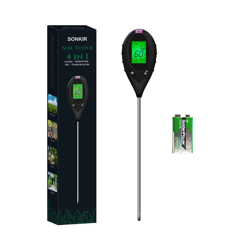 SONKIR 4-u-1 Digitalni Mjerač Vlažnosti Tla - Tester Vlage, pH, Temperature i Svjetlosti za Njegu Biljaka, Vrtlarenje, s Baterijom (Crni)