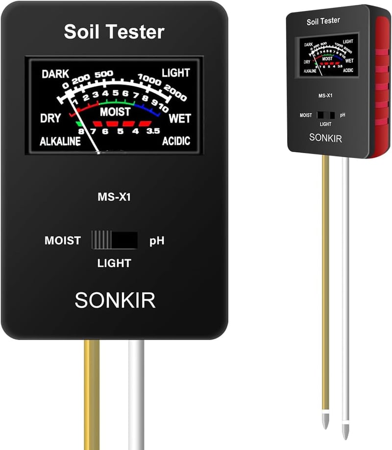 SONKIR MS-X1 3-in-1 Talajvizsgáló Műszer - Talajnedvesség, pH és Fénymérő Eszköz Növénygondozáshoz - Kertbe, Pázsithoz, Beltéri Növényekhez