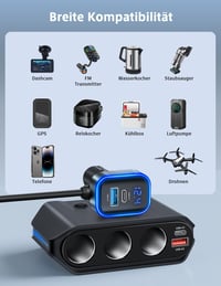 Împărțitor brichetă auto SONRU 7 în 1, încărcător auto 12V 24V, 3 prize, 4 porturi USB cu încărcare rapidă, voltmetru LED, întrerupătoare individuale 6