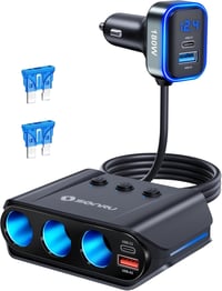 Împărțitor brichetă auto SONRU 7 în 1, încărcător auto 12V 24V, 3 prize, 4 porturi USB cu încărcare rapidă, voltmetru LED, întrerupătoare individuale 1