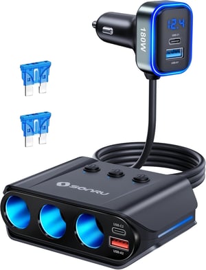 SONRU 7 az 1 ben szivargyújtó elosztó autós töltő 12V 24V 3 aljzat 4 USB gyorstöltő LED feszültségmérő külön kapcsoló