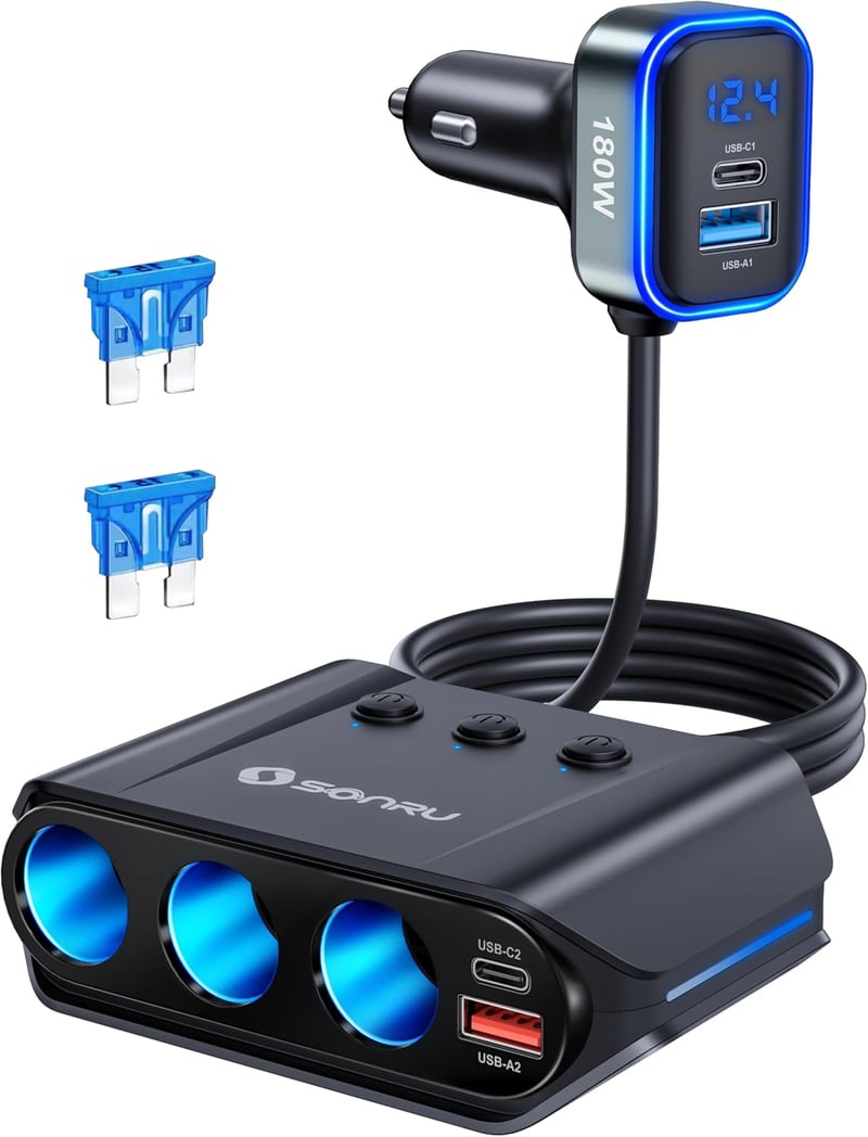 Împărțitor brichetă auto SONRU 7 în 1, încărcător auto 12V 24V, 3 prize, 4 porturi USB cu încărcare rapidă, voltmetru LED, întrerupătoare individuale