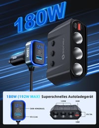 Împărțitor brichetă auto SONRU 7 în 1, încărcător auto 12V 24V, 3 prize, 4 porturi USB cu încărcare rapidă, voltmetru LED, întrerupătoare individuale 2