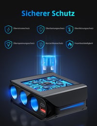 Împărțitor brichetă auto SONRU 7 în 1, încărcător auto 12V 24V, 3 prize, 4 porturi USB cu încărcare rapidă, voltmetru LED, întrerupătoare individuale 5