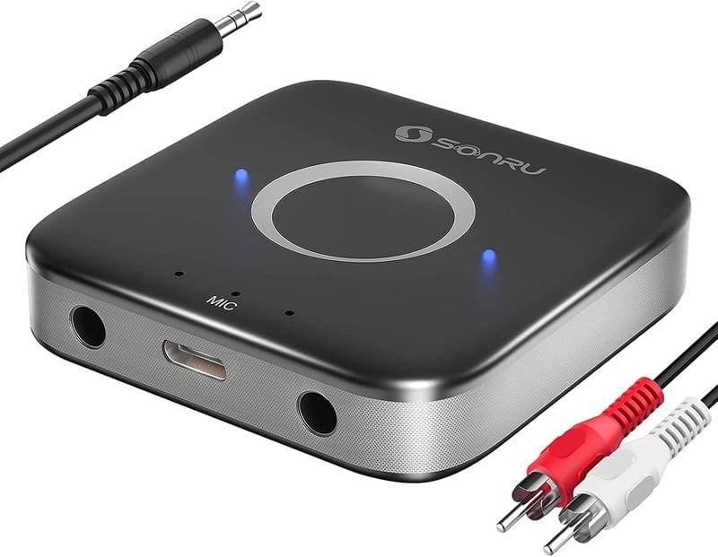 SONRU Bluetooth 5.3 Adapter Autóhoz és Otthoni Sztereó Rendszerhez - 3.5mm AUX és RCA Csatlakozással, Kettős Kimenettel, Újratölthető Akkumu