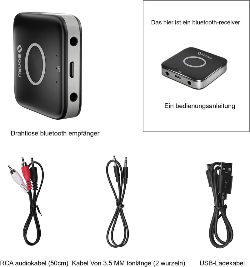 SONRU Bluetooth 5.3 Adapter Autóhoz és Otthoni Sztereó Rendszerhez - 3.5mm AUX és RCA Csatlakozással, Kettős Kimenettel, Újratölthető Akkumu