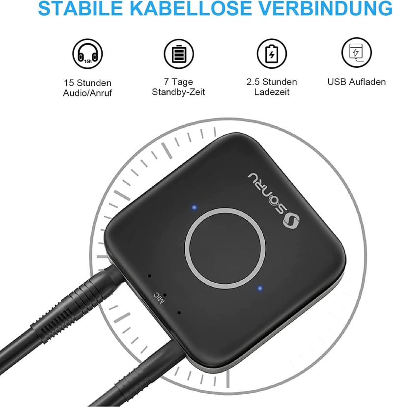 SONRU Bluetooth 5.3 Adapter Autóhoz és Otthoni Sztereó Rendszerhez - 3.5mm AUX és RCA Csatlakozással, Kettős Kimenettel, Újratölthető Akkumu