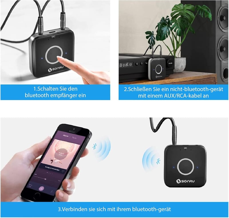 SONRU Bluetooth 5.3 Adapter Autóhoz és Otthoni Sztereó Rendszerhez - 3.5mm AUX és RCA Csatlakozással, Kettős Kimenettel, Újratölthető Akkumu