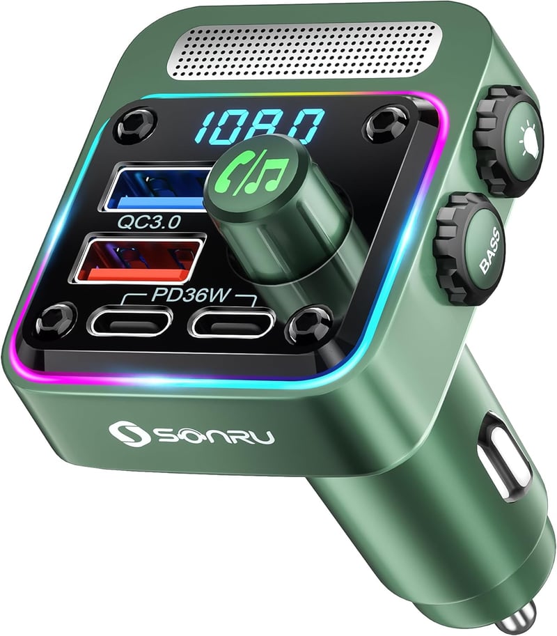 SONRU Bluetooth 5.3 FM Transzmitter Autóba - Basszus & HiFi Sztereó Kihangosító, PD 36W & QC 3.0 18W Gyorstöltő Funkcióval
