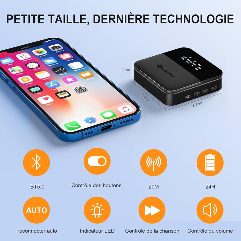 SONRU Bluetooth Audio Adapter - Fekete Vezeték Nélküli Hangátalakító Optikai, 3.5mm AUX és RCA Csatlakozással, Beépített Akkumulátorral