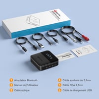 SONRU Bluetooth Audio Adapter - Fekete Vezeték Nélküli Hangátalakító Optikai, 3.5mm AUX és RCA Csatlakozással, Beépített Akkumulátorral 7