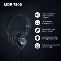 Sony MDR-7506 Uzavreté štúdiové monitorovacie slúchadlá – káblové, 10 Hz – 20 kHz, 63 Ohm, ľahký skladací dizajn (227 g), na štúdiové nahrávanie a 2