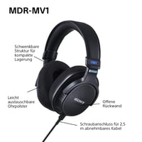 Štúdiové monitorovacie slúchadlá Sony MDR-MV1 – otvorené, čierne, káblové, na mixovanie a mastering, 5 Hz – 80 kHz, priestorový zvuk, odpojiteľný kábel 8