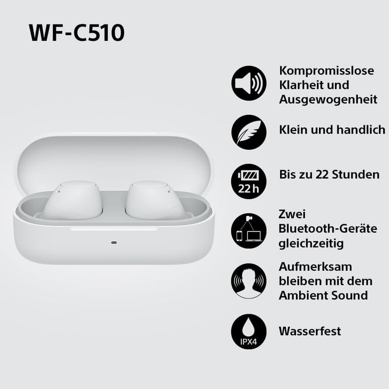 Sony WF-C510 Bluetooth Fülhallgató Multipoint Kapcsolat, IPX4 Vízálló, 22 Óra Akkumulátor - White, WF-C510