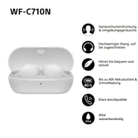 Bezdrôtové slúchadlá Sony WF-C710N s aktívnym potlačením hluku, biela farba, dotykové ovládanie, Multipoint, IPX4, 40-hodinová výdrž batérie, rýchlonabíjanie, kompatibilné s iOS a Androidom 4