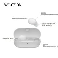 Bezdrôtové slúchadlá Sony WF-C710N s aktívnym potlačením hluku, biela farba, dotykové ovládanie, Multipoint, IPX4, 40-hodinová výdrž batérie, rýchlonabíjanie, kompatibilné s iOS a Androidom 5