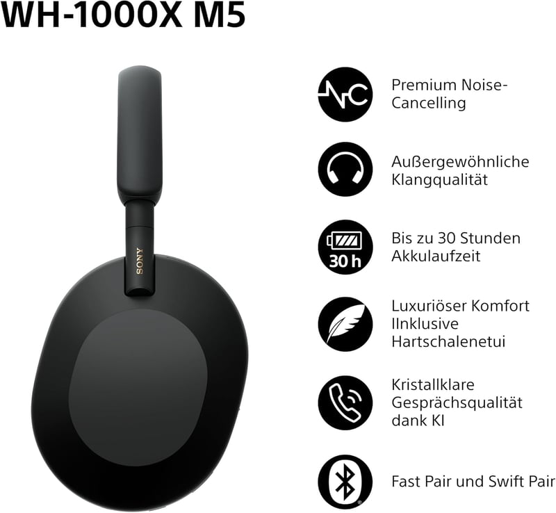 Sony WH-1000XM5 vezeték nélküli fejhallgató aktív zajszűréssel, 30 órás akkumulátor, fekete - Black hard case, With Hard case