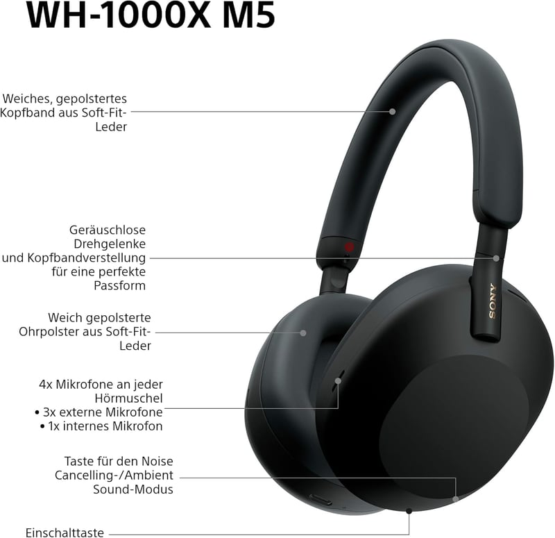 Sony WH-1000XM5 vezeték nélküli fejhallgató aktív zajszűréssel, 30 órás akkumulátor, fekete - Black hard case, With Hard case