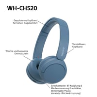 Bezdrôtové Bluetooth slúchadlá na uši Sony WH-CH520, výdrž batérie 50 hodín, rýchle nabíjanie, ekvalizér, čisté hovory, kompatibilné s iOS a Androidom 8