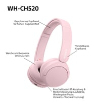 Bezdrôtové slúchadlá Sony WH-CH520 s technológiou Bluetooth, na uši, ružové, 50-hodinová výdrž batérie, rýchle nabíjanie, ekvalizér, kompatibilné s iOS a Androidom 8