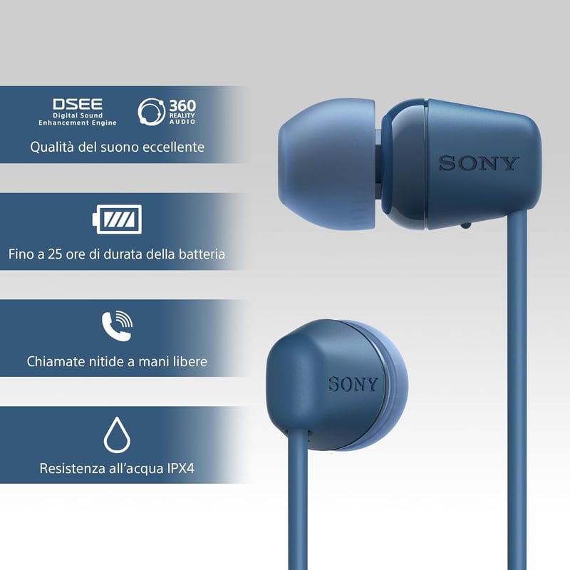Sony WI-C100 Bluetooth fülhallgató, 25 órás akkumulátor, kék, mikrofon