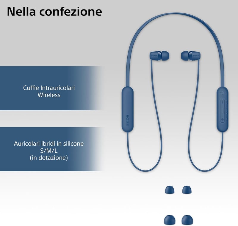 Sony WI-C100 Bluetooth fülhallgató, 25 órás akkumulátor, kék, mikrofon