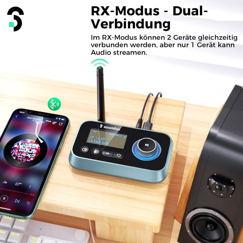 SOOMFON 3-in-1 Bluetooth 5.0 Adó Vevő 2 Fejhallgatóhoz, TV PC Sztereó Audio Adapter Alacsony Késleltetéssel, Hangerő Szabályozás