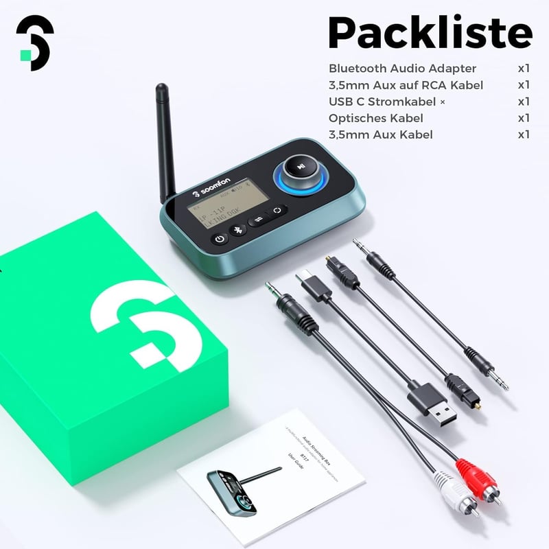 SOOMFON 3-in-1 Bluetooth 5.0 Adó Vevő 2 Fejhallgatóhoz, TV PC Sztereó Audio Adapter Alacsony Késleltetéssel, Hangerő Szabályozás