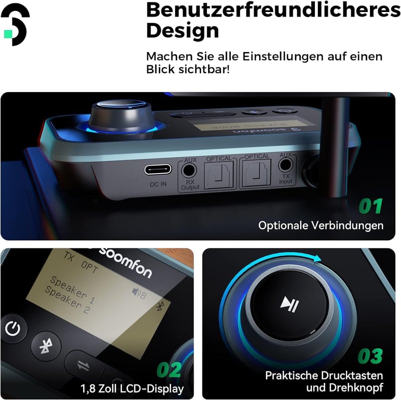 SOOMFON 3-in-1 Bluetooth 5.0 Adó Vevő 2 Fejhallgatóhoz, TV PC Sztereó Audio Adapter Alacsony Késleltetéssel, Hangerő Szabályozás