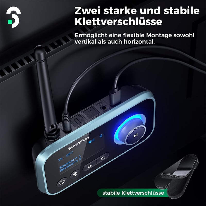 SOOMFON 3-in-1 Bluetooth 5.0 Adó Vevő 2 Fejhallgatóhoz, TV PC Sztereó Audio Adapter Alacsony Késleltetéssel, Hangerő Szabályozás