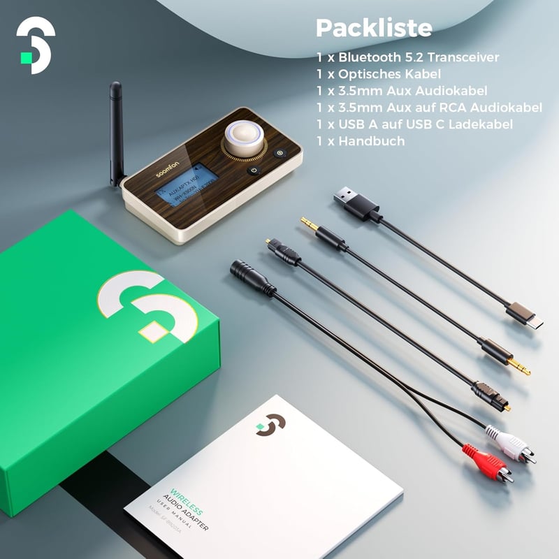 SOOMFON 3-in-1 Bluetooth 5.2 Adapter Kijelzővel, 2 Fülhallgatóhoz, aptX HD, Alacsony Késleltetés