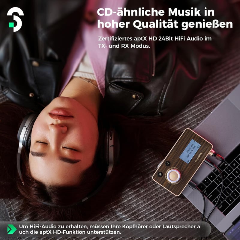SOOMFON 3-in-1 Bluetooth 5.2 Adapter Kijelzővel, 2 Fülhallgatóhoz, aptX HD, Alacsony Késleltetés