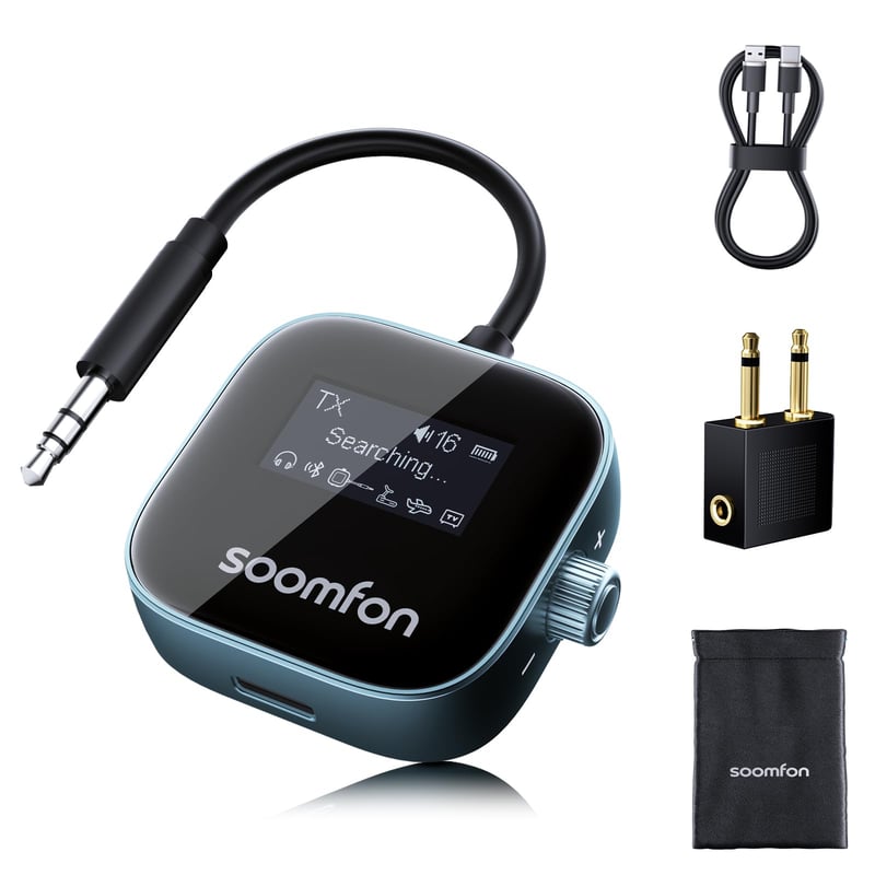 SOOMFON Bluetooth 5.3 odašiljač i prijemnik za TV, za 2 slušalice, zrakoplovni odašiljač-prijemnik, audio prijenos