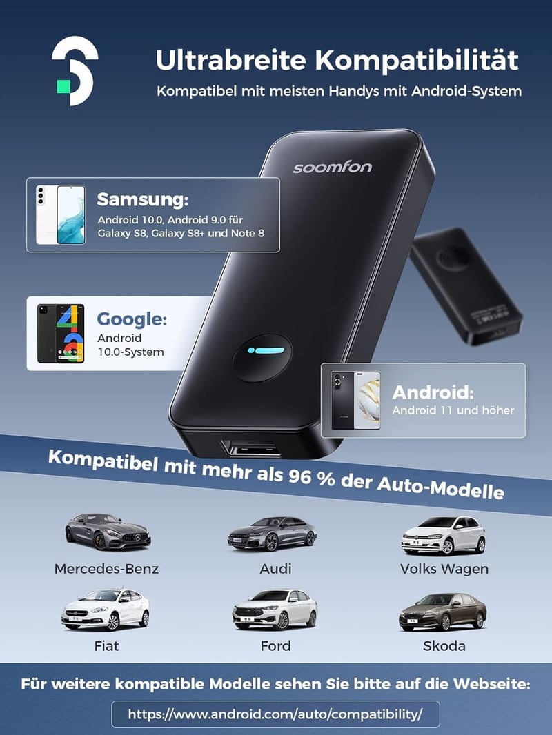 SOOMFON Android autós vezeték nélküli adapter 5.8 GHz, VW Audi Mercedes kompatibilis