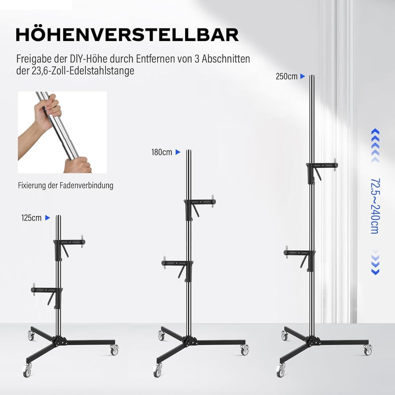 soonpho Acél Tripod Görgőkkel és Csúszó Karral, 10 kg Terhelhetőség, Stúdió Állvány