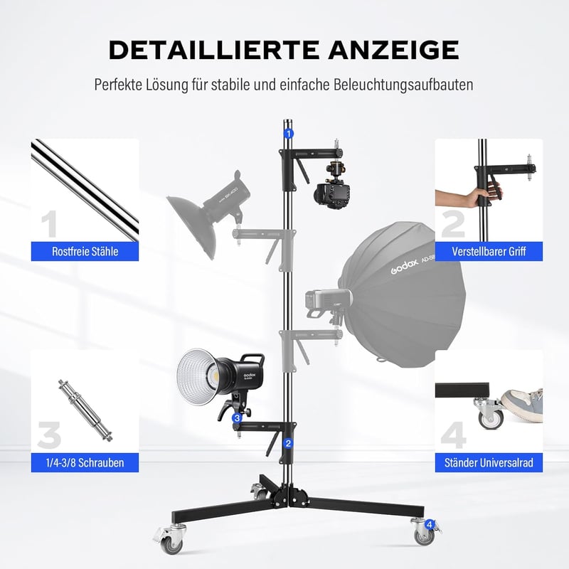 soonpho Acél Tripod Görgőkkel és Csúszó Karral, 10 kg Terhelhetőség, Stúdió Állvány