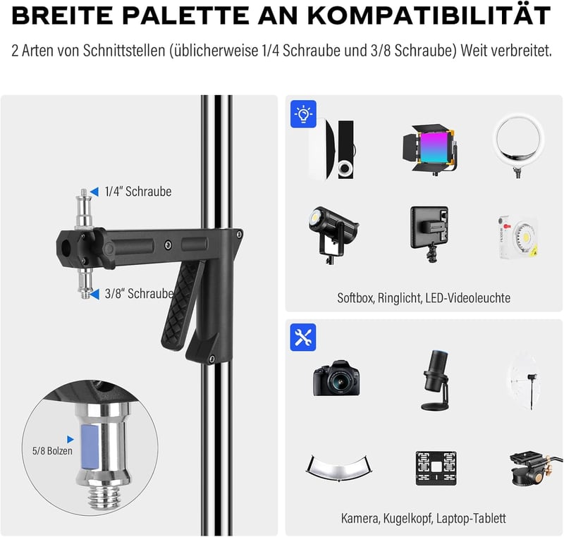 soonpho Acél Tripod Görgőkkel és Csúszó Karral, 10 kg Terhelhetőség, Stúdió Állvány