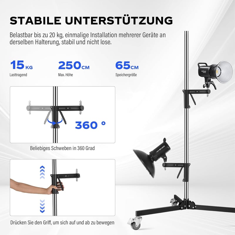 soonpho Acél Tripod Görgőkkel és Csúszó Karral, 10 kg Terhelhetőség, Stúdió Állvány
