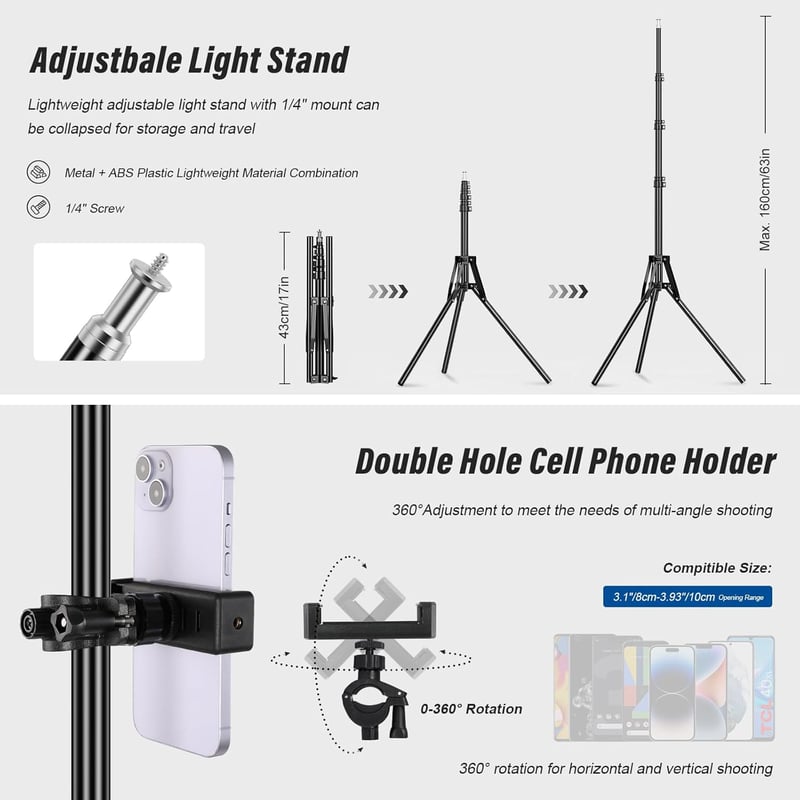 Soonpho Bi LED Videó Lámpa Szett (2db) - 2500-6500K Állítható Fényerő, 20W Fotó Stúdió Világítás Terelőlappal, Állvánnyal és Telefontartóval