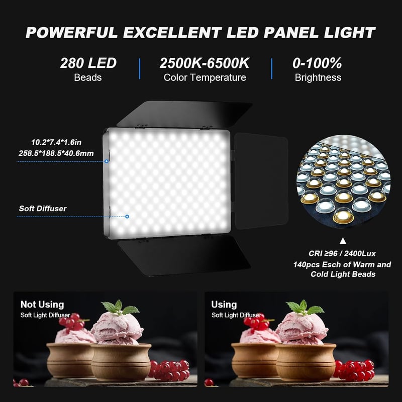Soonpho LED Videó Világítás Szett - 2db 20W Állítható Fénypanel 2800-6500K, 1,6m Állvánnyal és Telefontartóval, YouTube Videózáshoz, Stúdióf