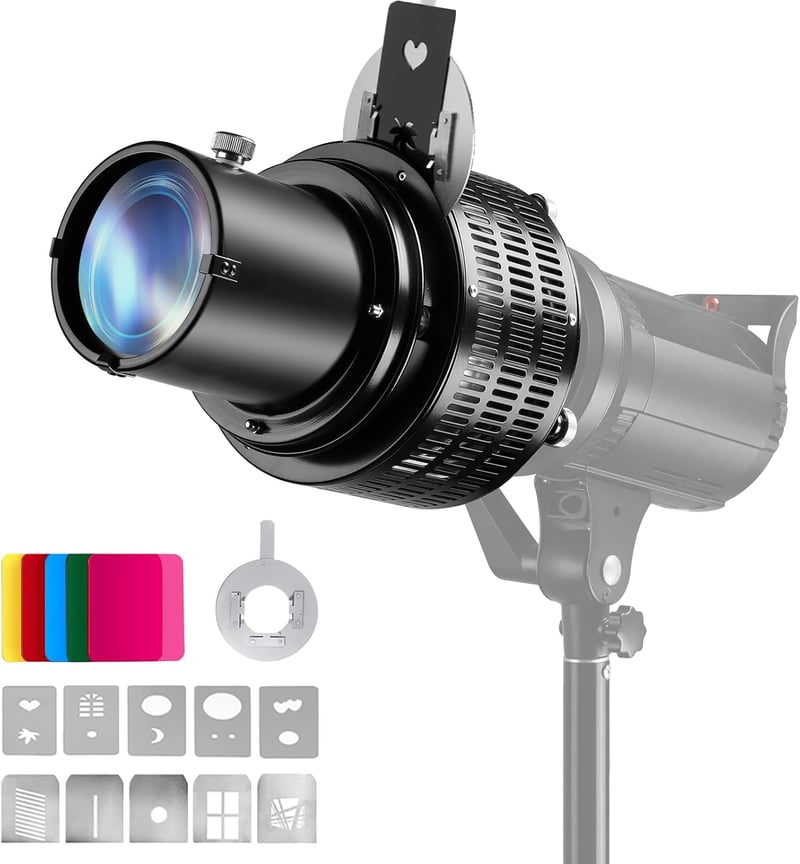 Soonpho Optikai Kúpos Snoot Bowens Adapterrel - Alumínium GOBO Projektor Fotósoknak 5 Színszűrővel és 10 Mintával LED Stúdió Vakukhoz