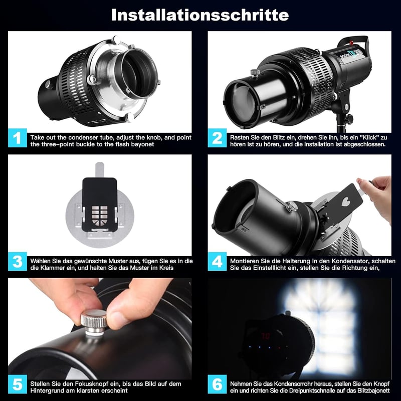 Soonpho Optikai Kúpos Snoot Bowens Adapterrel - Alumínium GOBO Projektor Fotósoknak 5 Színszűrővel és 10 Mintával LED Stúdió Vakukhoz