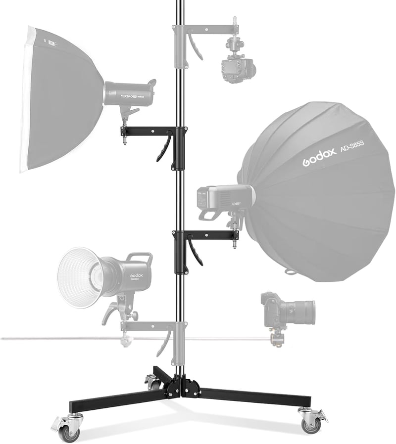 Soonpho Stúdió Állvány 240 cm - Nehéz Terhelésű Görgős C-Állvány 15 kg Teherbírással, 2 Csúsztatható Fogantyúval, Softbox és Reflektor Rögzí