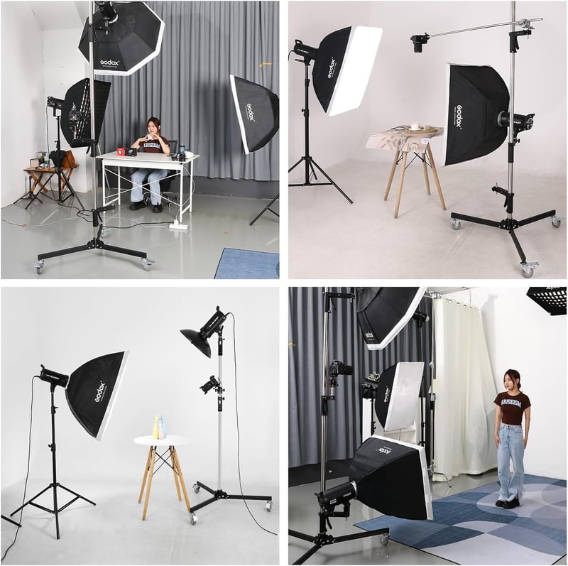 Soonpho Stúdió Állvány 240 cm - Nehéz Terhelésű Görgős C-Állvány 15 kg Teherbírással, 2 Csúsztatható Fogantyúval, Softbox és Reflektor Rögzí