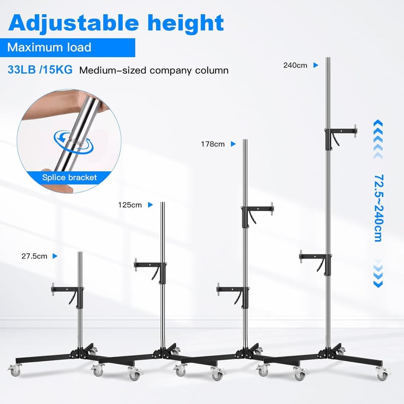 Soonpho Stúdió Állvány 240 cm - Nehéz Terhelésű Görgős C-Állvány 15 kg Teherbírással, 2 Csúsztatható Fogantyúval, Softbox és Reflektor Rögzí