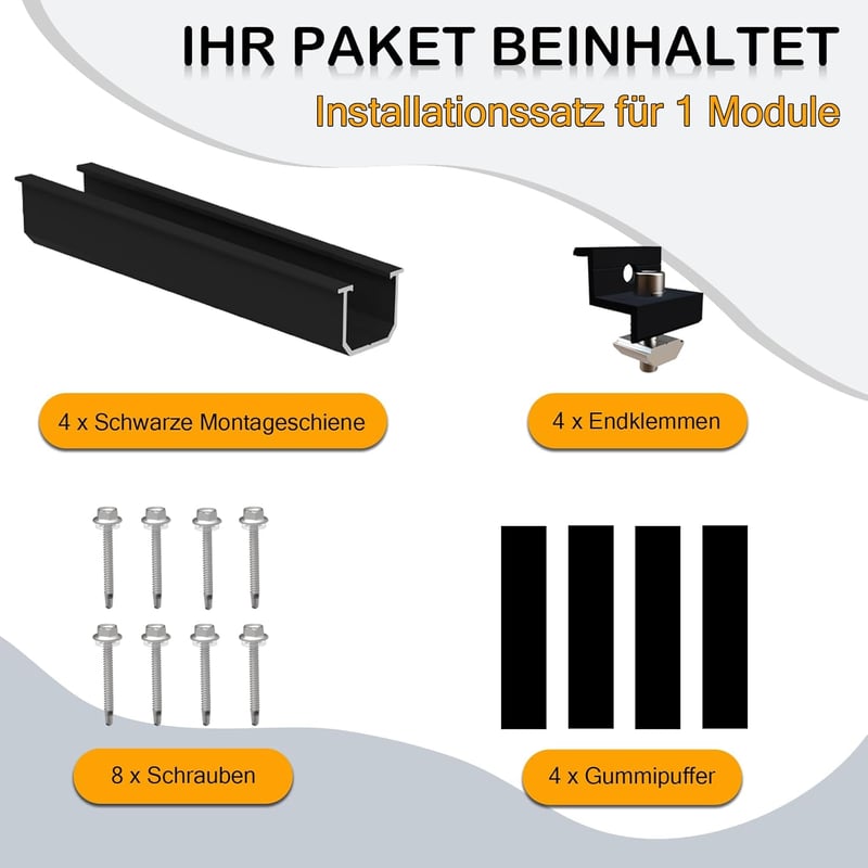 Sorlpv Napelem Tartó Rendszer 1 Modulhoz, 12 cm Sín, Állítható Bilincs, Lapos és Trapézlemez Tetőhöz