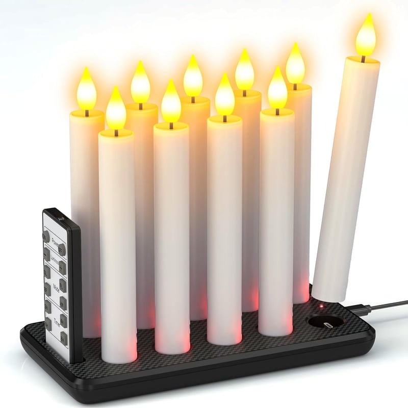 SoulBay LED Gyertyák Töltőállomással, 10 db Elektromos Gyertya Távirányítóval, 17 cm Flakker Hatás, Időzítő Funkcióval