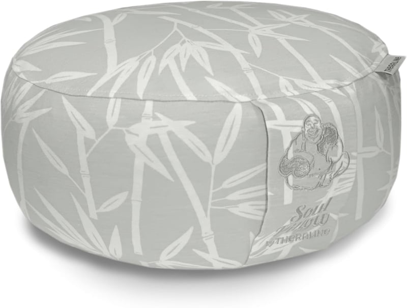 Soulpillow spelt töltetű kerek meditációs ülőpárna 15 cm magas 30 cm átmérő levél mintás huzattal mosható Oeko Tex 100