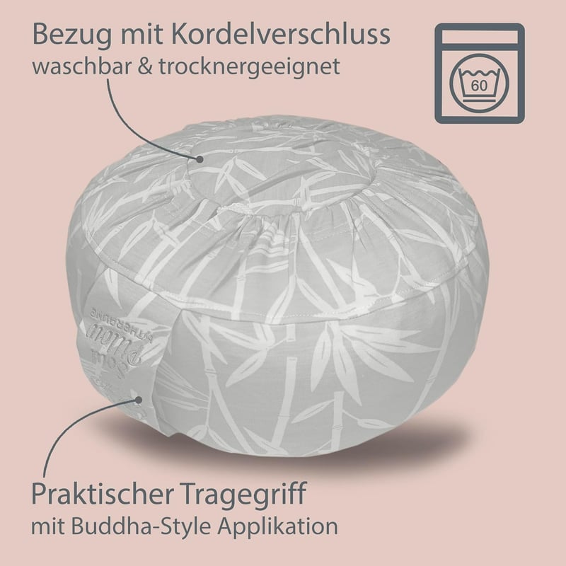 Soulpillow spelt töltetű kerek meditációs ülőpárna 15 cm magas 30 cm átmérő levél mintás huzattal mosható Oeko Tex 100